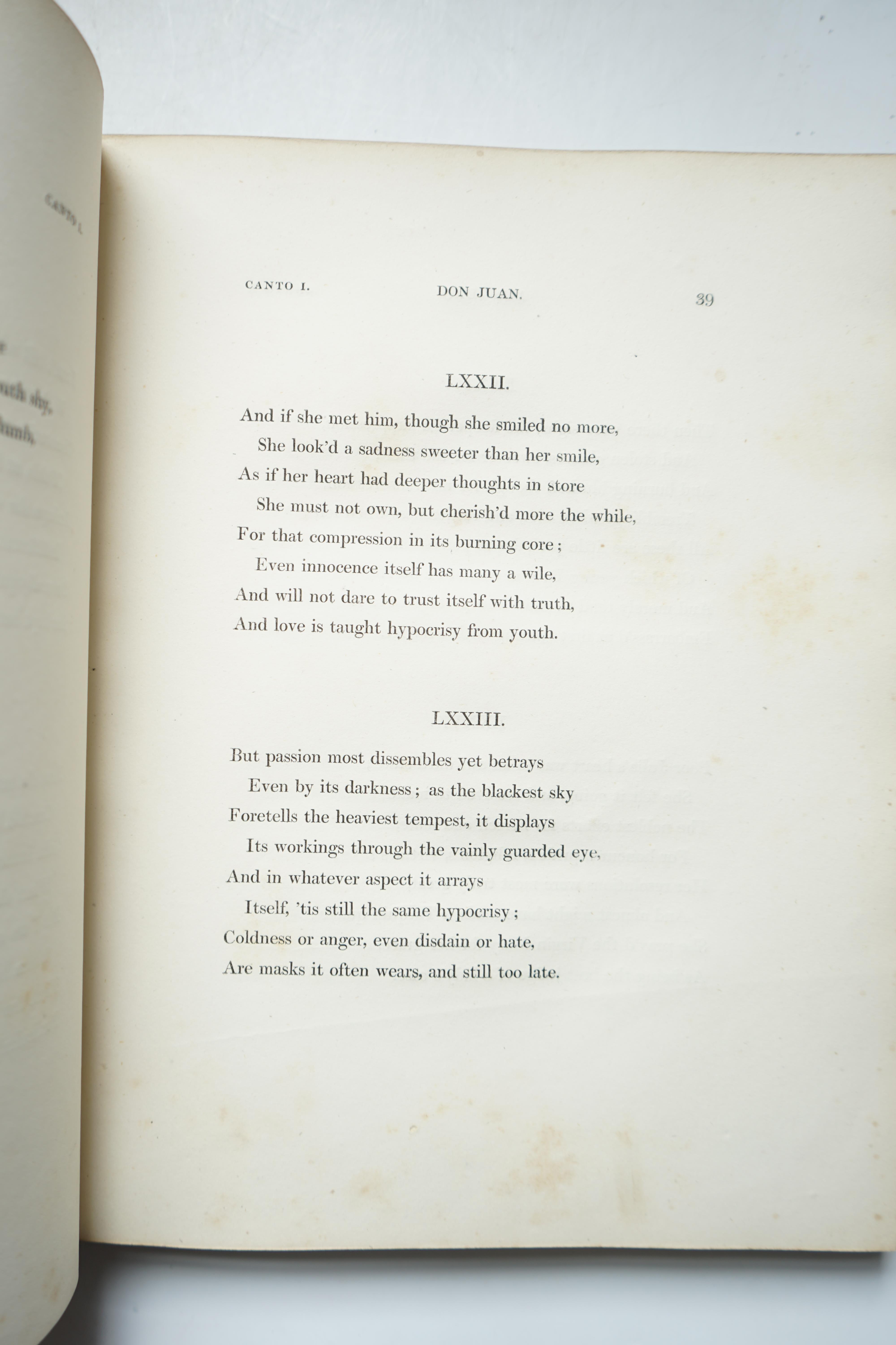Byron, George Gordon Noel, Lord - Don Juan, Cantos 1 & 2, 1st edition, 4to, half calf with marbled boards, Thomas Davison, Whitefriars, [for John Murray], London, 1819.